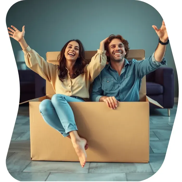 Two guys sitting on the floor of their apartment with Muval moving boxes